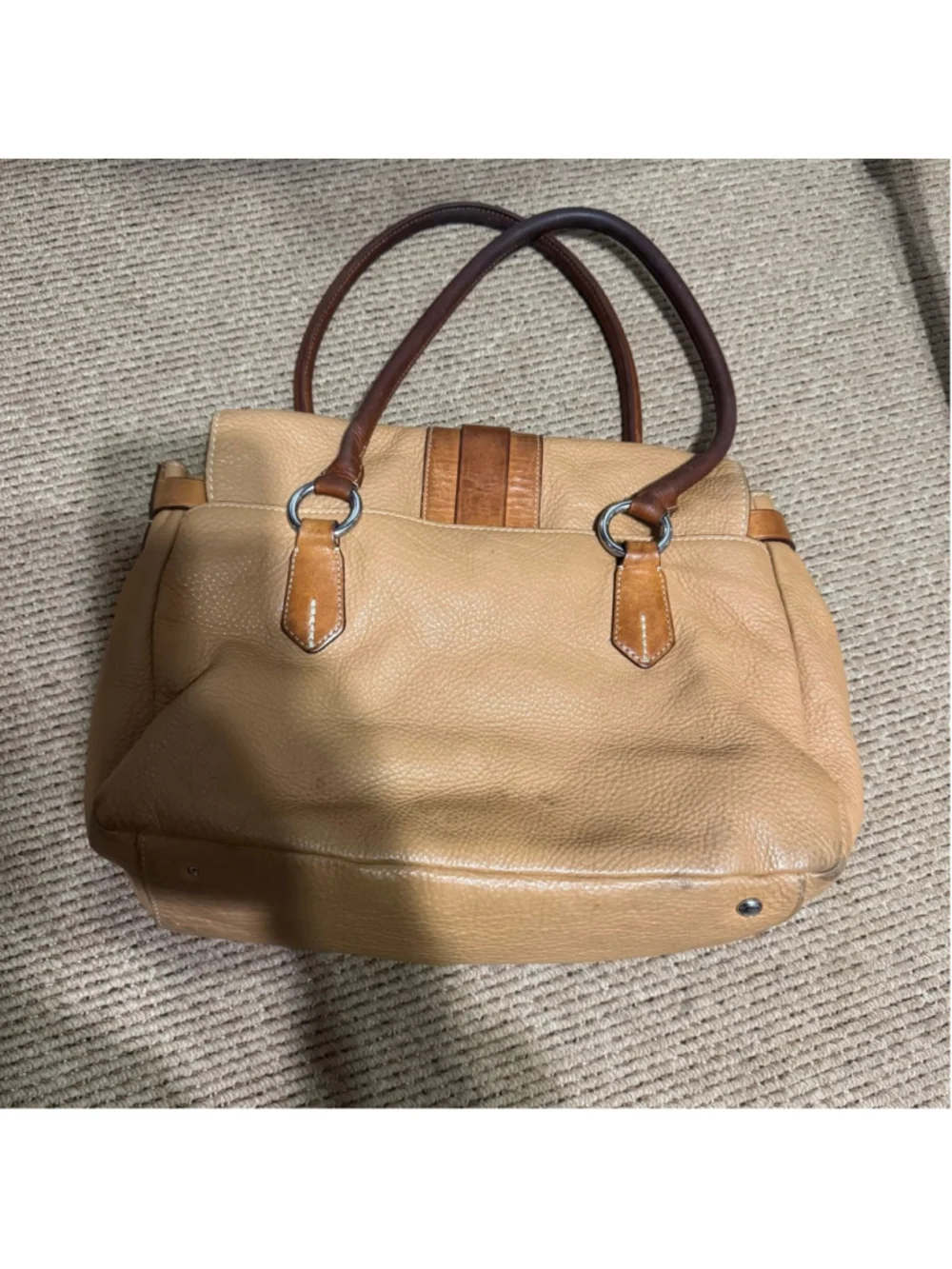 Tumi Tan & Cognac Leather Satchel Tote Double Pocket Ring Handle Bag
